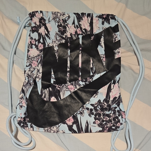 Nike Floral Drawstring Backpack - Black and Light Blue - Picture 1 of 4